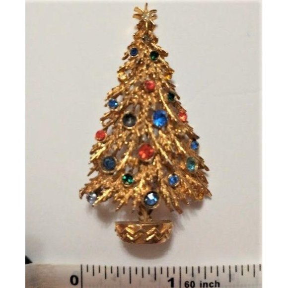 Vintage Goldtone Christmas Tree Rhinestone Pin - Picture 1 of 5